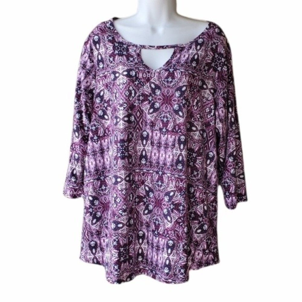 Bobbie Brooks Womens Purple Busy Plus Size Soft Stretchy Long Sleeve Blouse